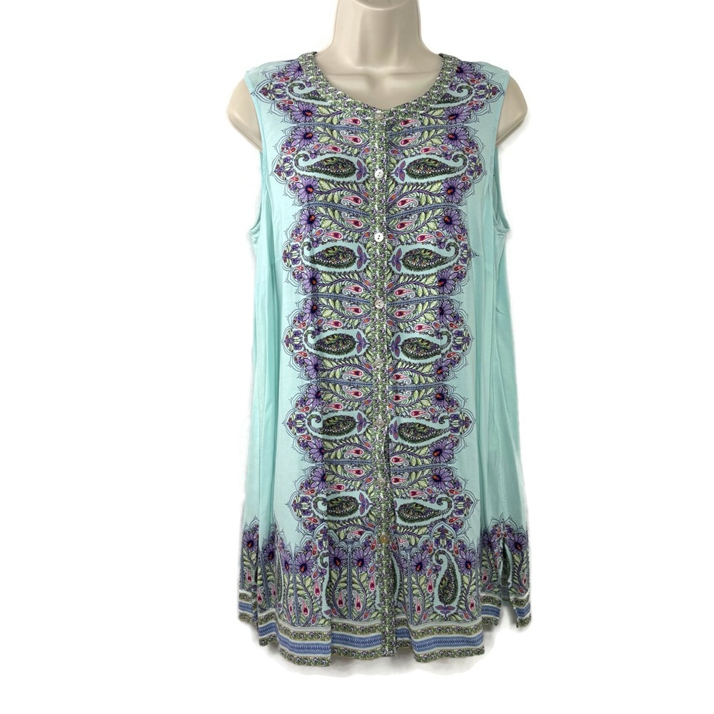 J.Jill Soft Blue Paisley Sleeveless Tunic Top Button Down Long size Medium